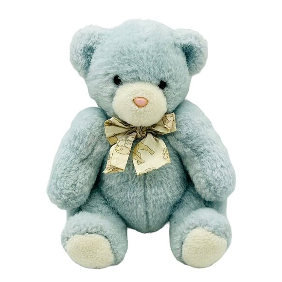 Carters Vintage Blue Bear Plush Rattle Bunny Ribbon Pink Nose White Paws Baby